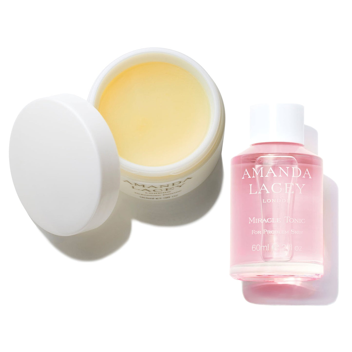 The Clarifying Regime by Amanda Lacey, Cleansing Pomade jar and Miracle Tonic bottle
