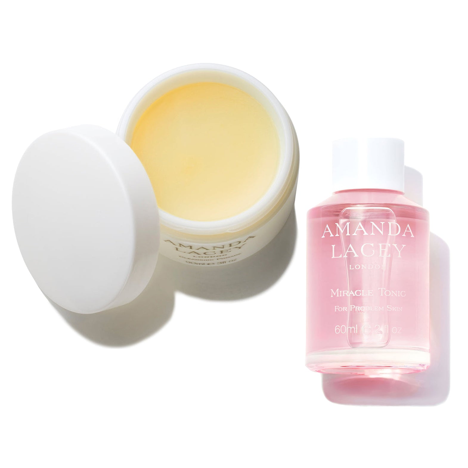 The Clarifying Regime by Amanda Lacey, Cleansing Pomade jar and Miracle Tonic bottle