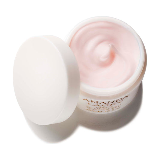 Amanda Lacey Soft Pink Cream, open frosted glass jar of pale pink cream with lid beside it